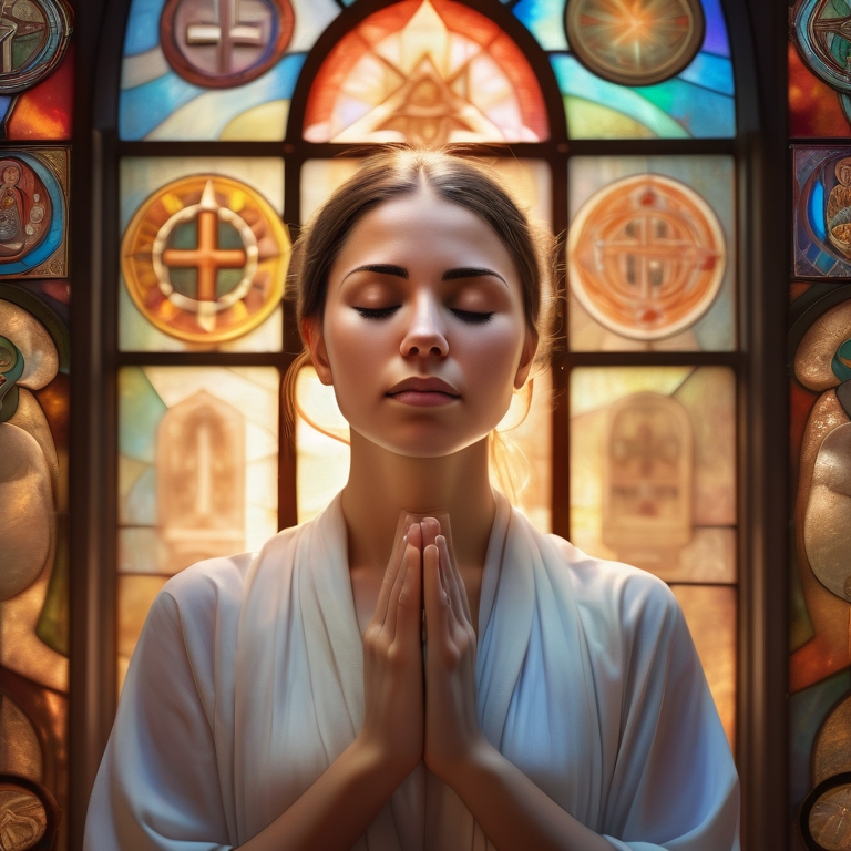 A woman in thoughtful repose amid a soft-lit blend of global religious icons.