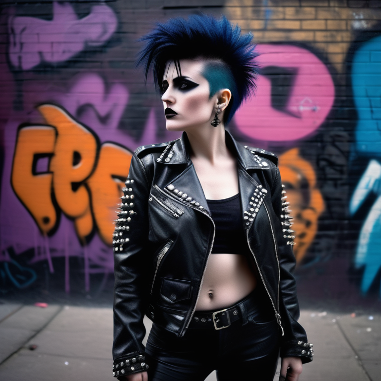 A punk woman styled after Siouxsie Sioux exudes confidence against a graffiti-covered wall.