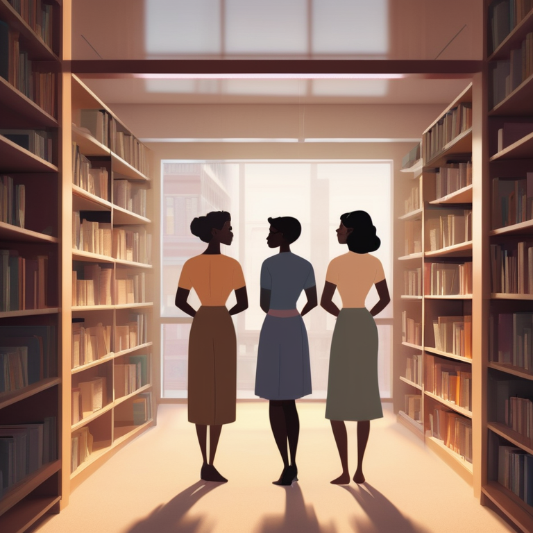 Three women standing in a library with books on women's studies, holding research publications.