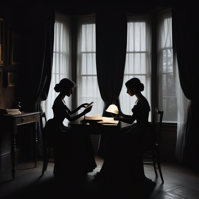 Silhouetted women conversing by a window in a moonlit study with an open book on the desk.