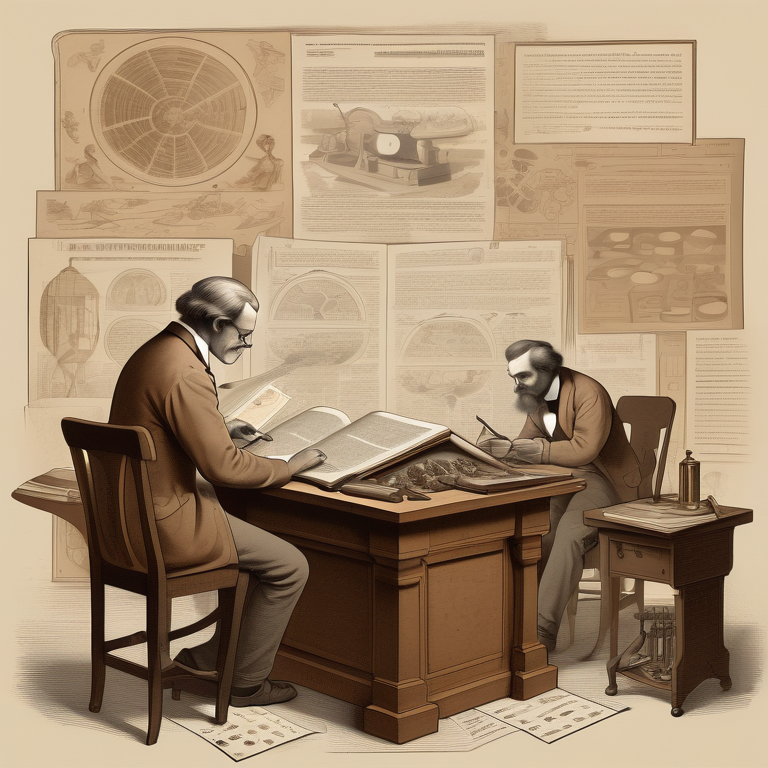 Split image contrasting an engrossed 19th-century scientist with books against a modern researcher with digital tools.