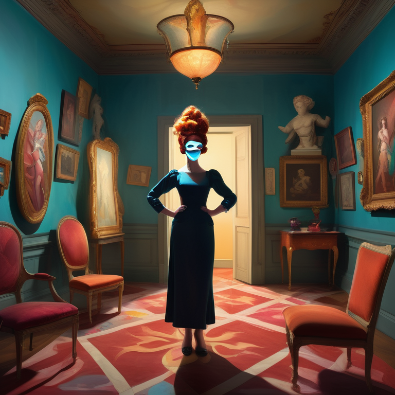 Confident woman holding a comedy and tragedy mask in a satirical, art-filled room.