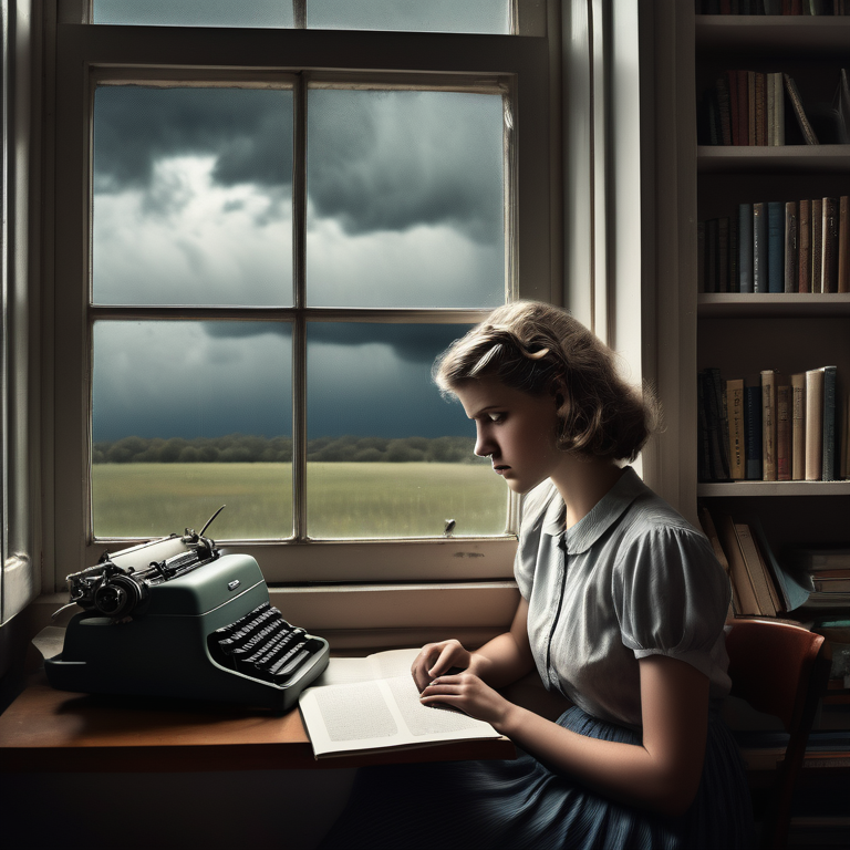 A woman resembling Plath ponders at a typewriter near a window, surrounded by bookshelves, under a stormy sky.