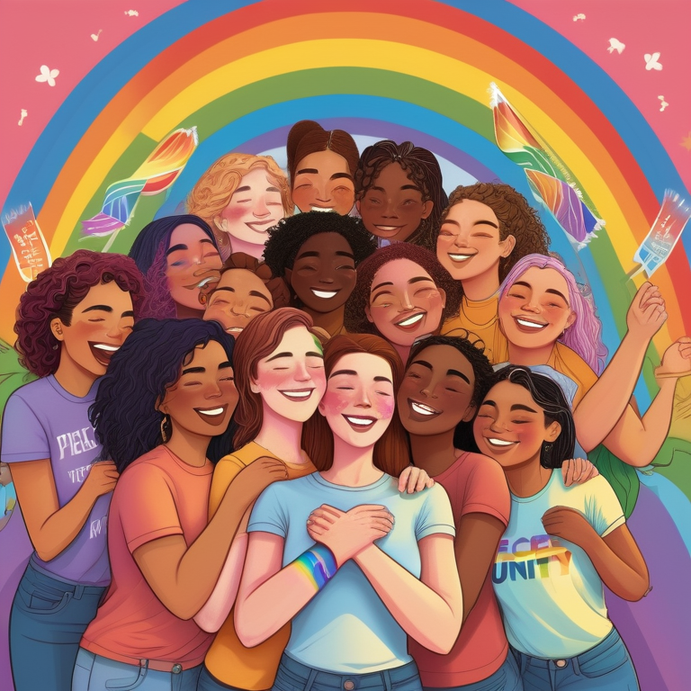 Diverse LGBTQ+ women unite under a rainbow, radiating pride and solidarity, with symbolic items conveying empowerment.