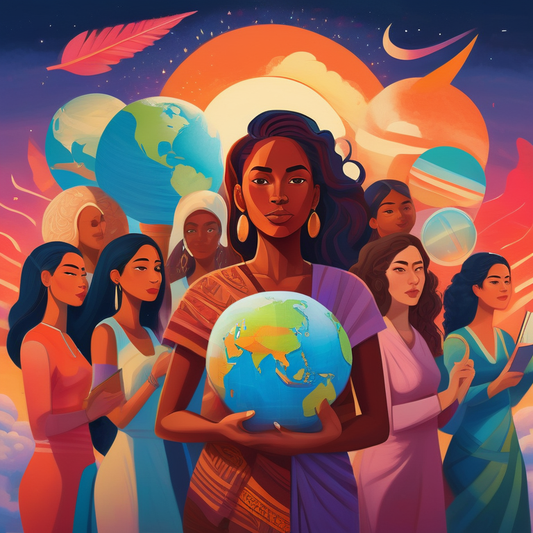 Illustration of an empowered woman with diverse females holding symbols of knowledge and unity against a sunrise backdrop.