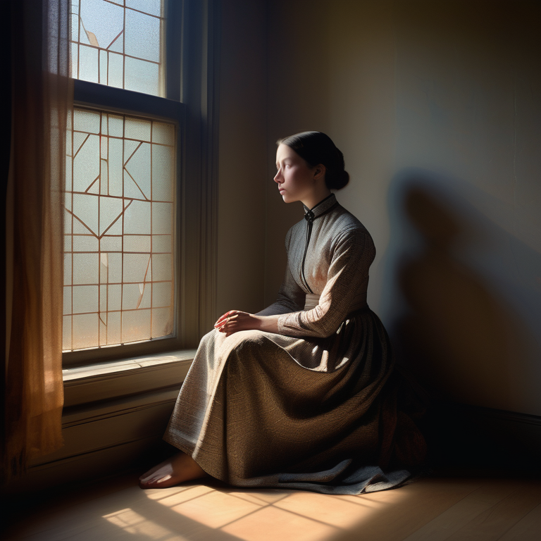 A woman in historical dress gazes thoughtfully by a window, embodying the theme of awakening.