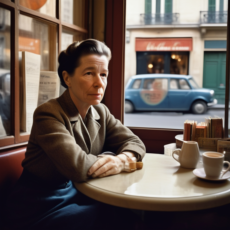 Simone de Beauvoir deep in thought at a cafe surrounded by feminist books.