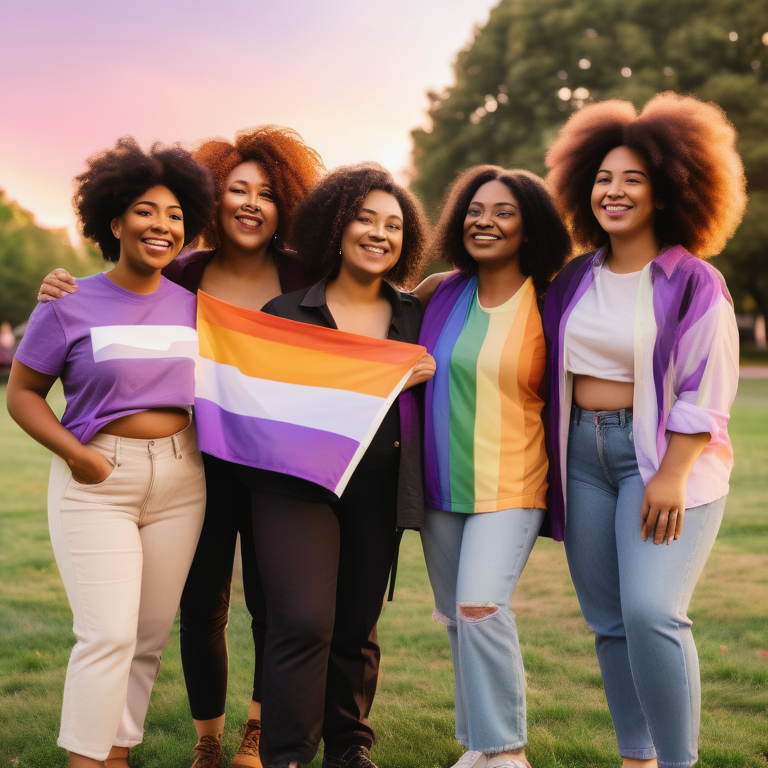 Diverse asexual women holding a pride flag, radiating unity in a sunset-lit park.