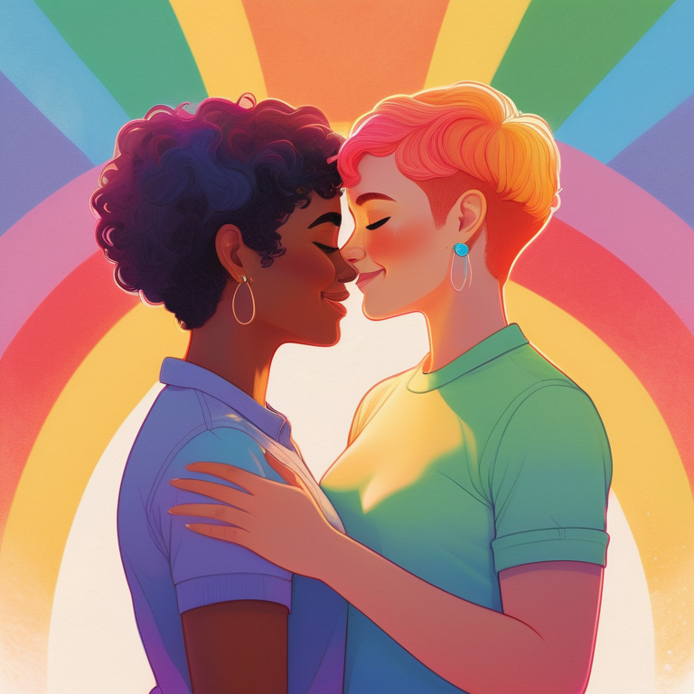 Illustration of two women in a loving embrace with a colorful rainbow background celebrating queer diversity.