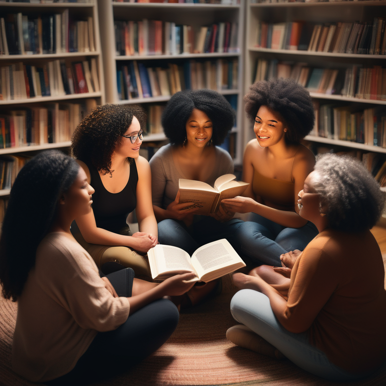 Illustration of a diverse women's book club discussing sexuality and intersectionality.