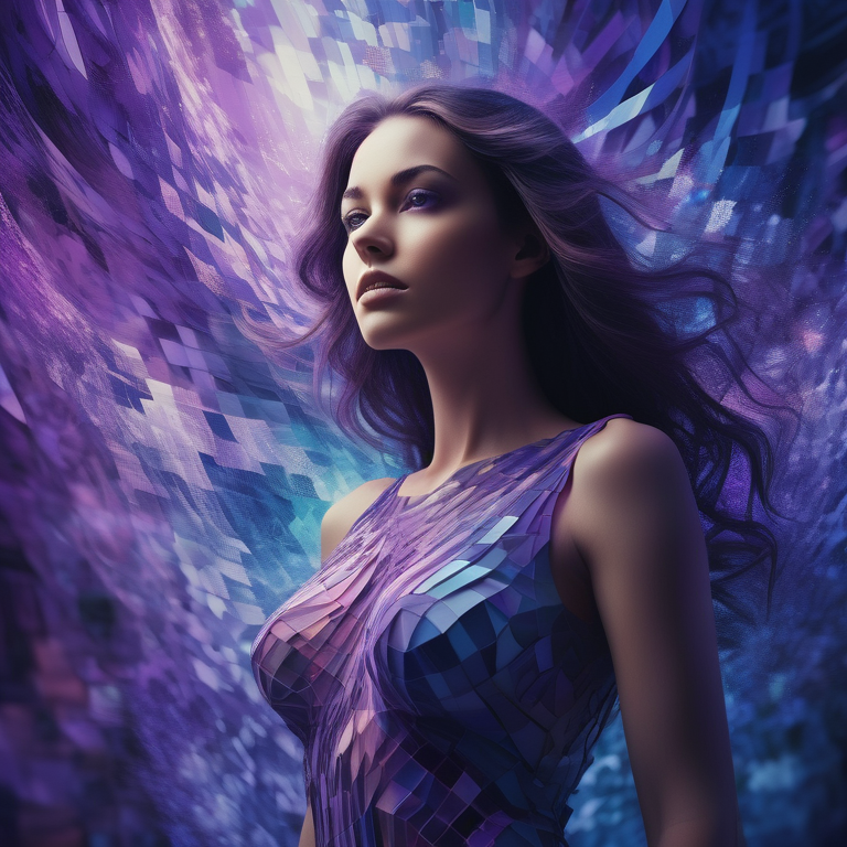 Digital illustration of a woman entwined with pixels, gazing fiercely amidst a surreal purple and blue landscape.