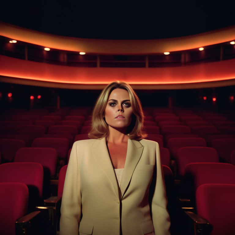 Patsy Kensit stands confidently in a vintage cinema, projecting a powerful statement on women's sexuality.