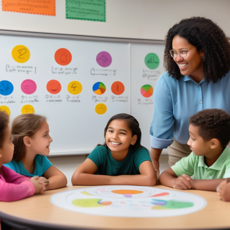 A teacher educates a diverse group of children about human development in a classroom.