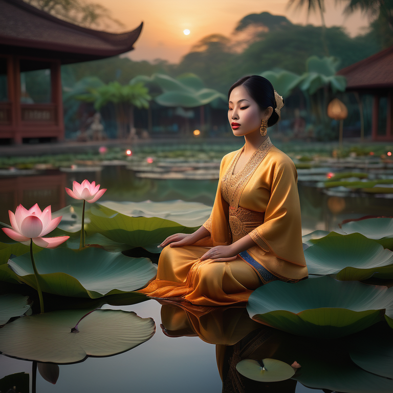 A woman in traditional dress stands by a lotus pond, exuding serenity in a culturally rich setting.