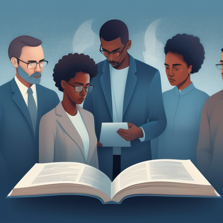 Illustration of a diverse group pondering over a large book titled "Ethics in Research" in a subdued academic setting.