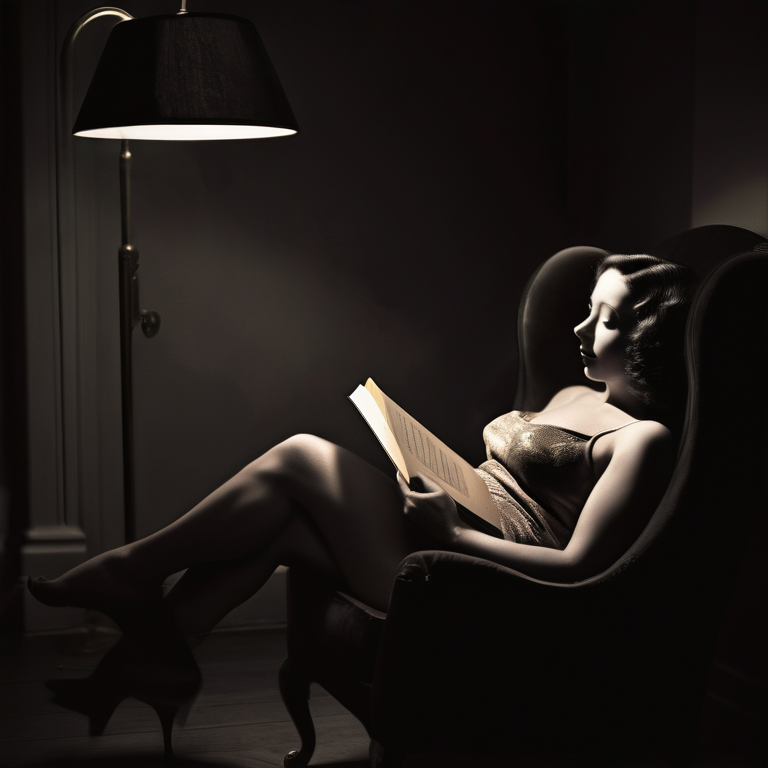 A woman reads a book by Anais Nin, exuding a vintage and sensual contemplation.