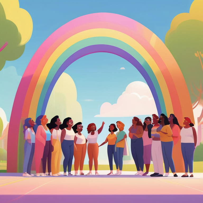 Animated diverse women gather under a rainbow in a park, symbolizing pansexual unity.