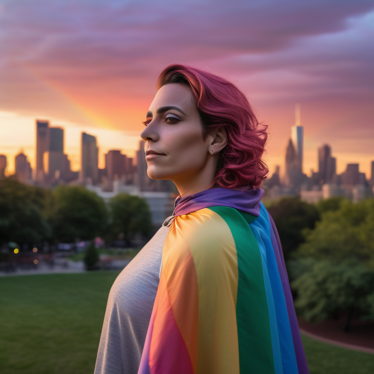 Trans woman with a rainbow flag in a park at sunset, city skyline behind.