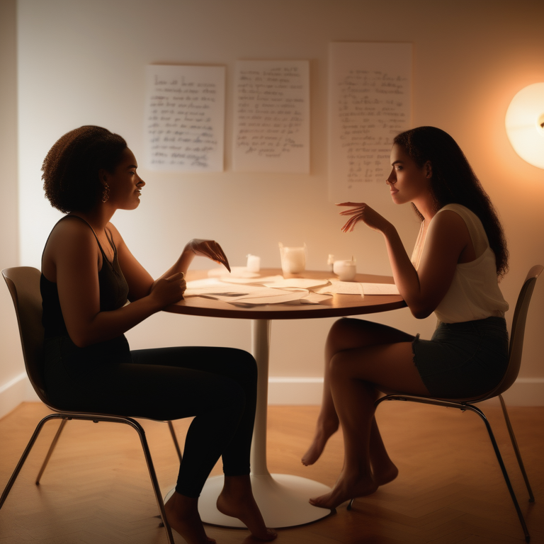 Two women conversing at a table loaded with surveys about sexuality in a warm, inviting room.