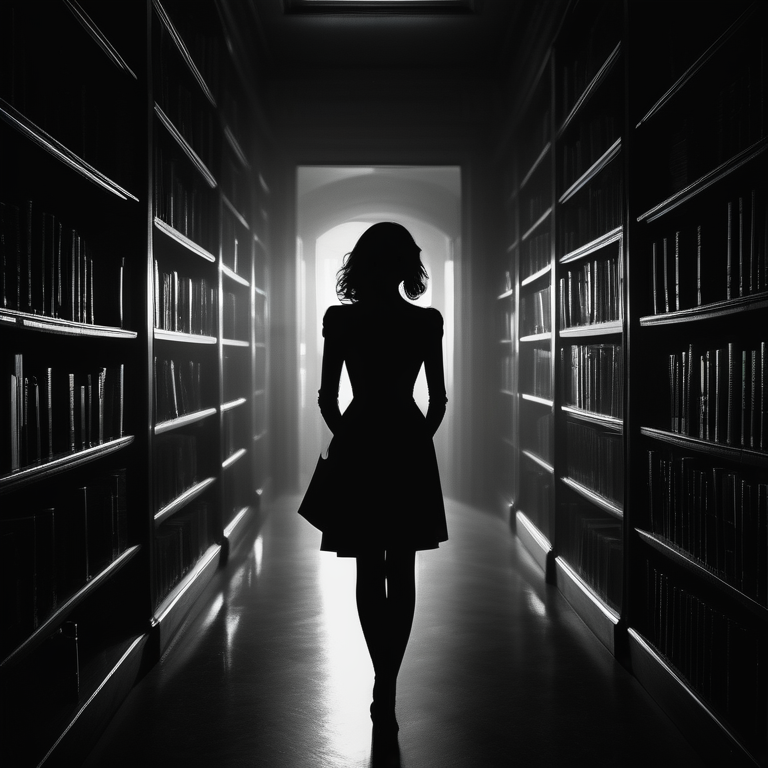 Silhouette of a woman holding a book in a shadowy library, exuding a mysterious aura.