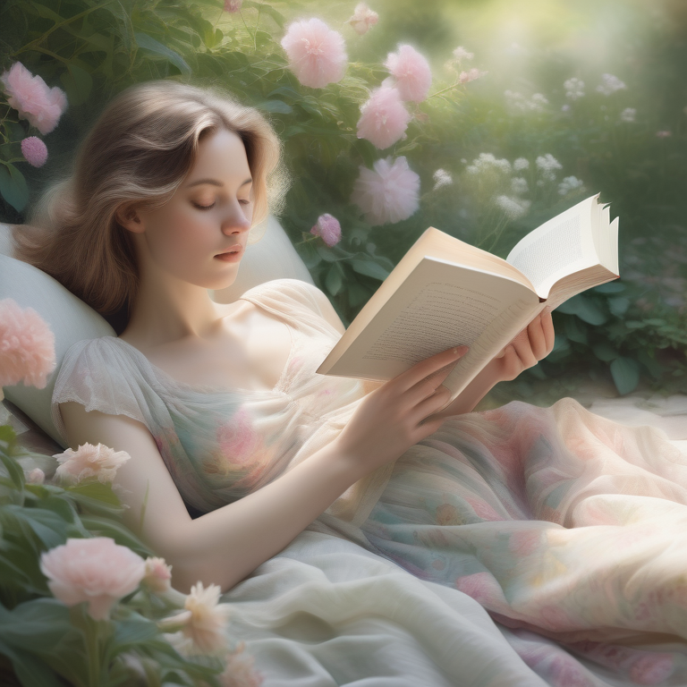 A woman reads poetry amidst a pastel-hued garden, suggesting serenity and sensuality.