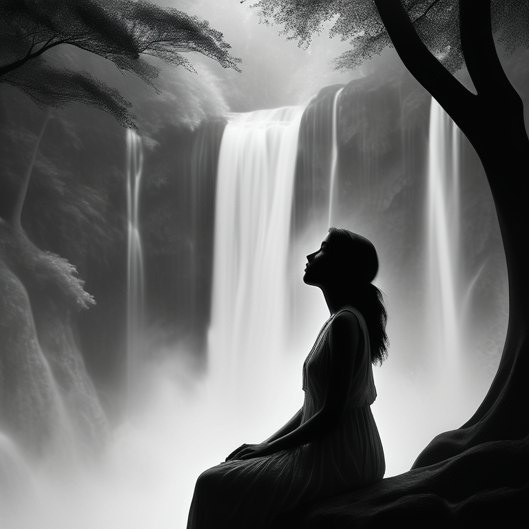 Silhouette of a thoughtful woman with a waterfall and trees in a tranquil setting.