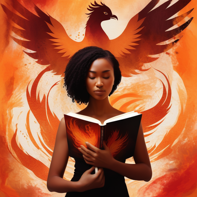 A woman holding a book with a phoenix in the background, symbolizing empowerment.