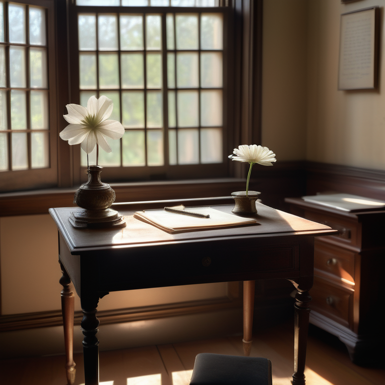 Shadow of Emily Dickinson in an old-style study with writing materials and a white flower, exuding a calm and reflective mood.