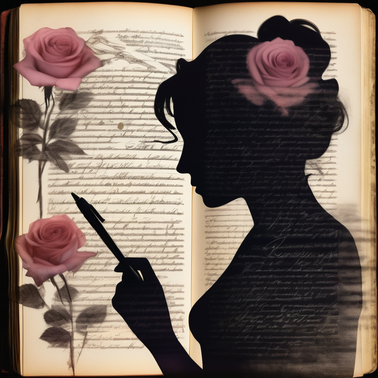 Silhouette of a woman merged with diary excerpts on a twilight background, adorned with roses and ink pens.