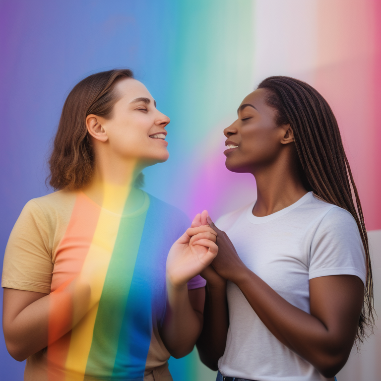 Illustration of two women united by rainbow light, holding a sign for equality and mental wellness.