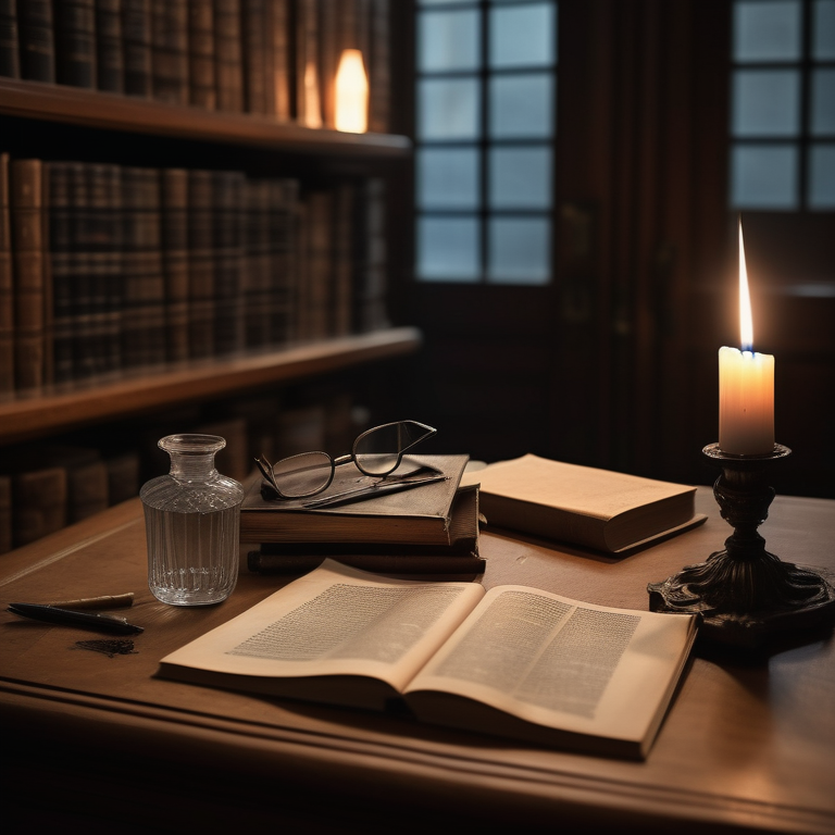 A dimly lit library setting showcasing a censored book on women's sexuality, accompanied by glasses and writing implements.