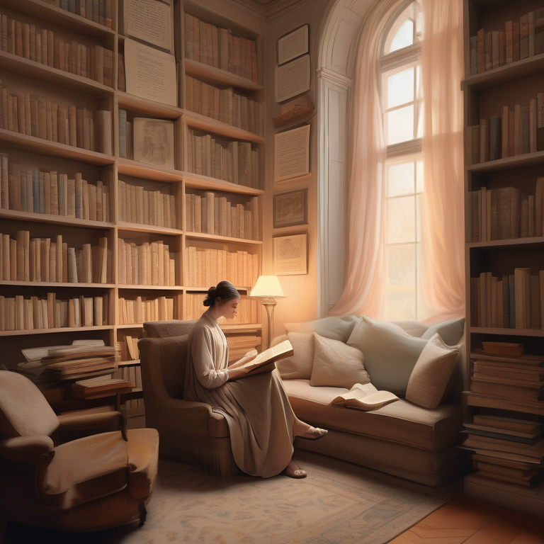 A woman absorbed in reading a book surrounded by historical sketches and books in a calm, studious environment.