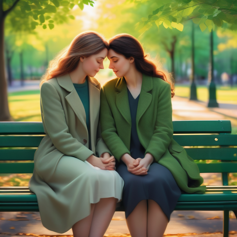 An illustration of two content women holding hands on a bench, surrounded by greenery.