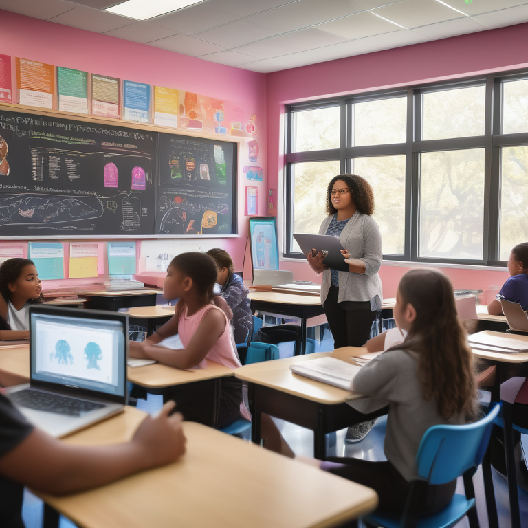 Teacher educating attentive students in a classroom with sex education resources on the walls.