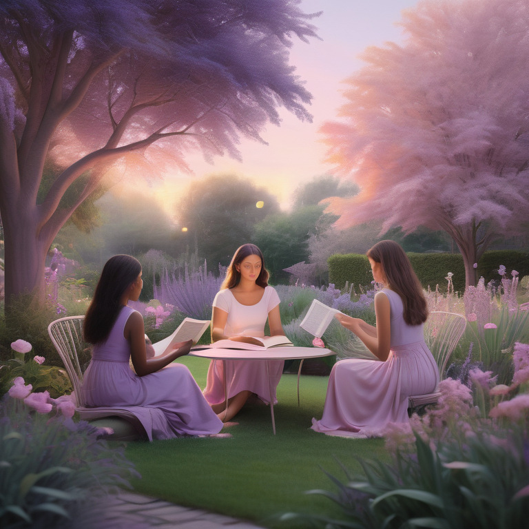 Illustration of women engaged in thoughtful activities in a serene twilight garden.