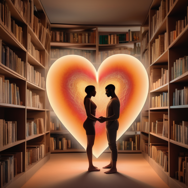 Abstract figures representing male and female connected by a heart, set against a backdrop of bookshelves.