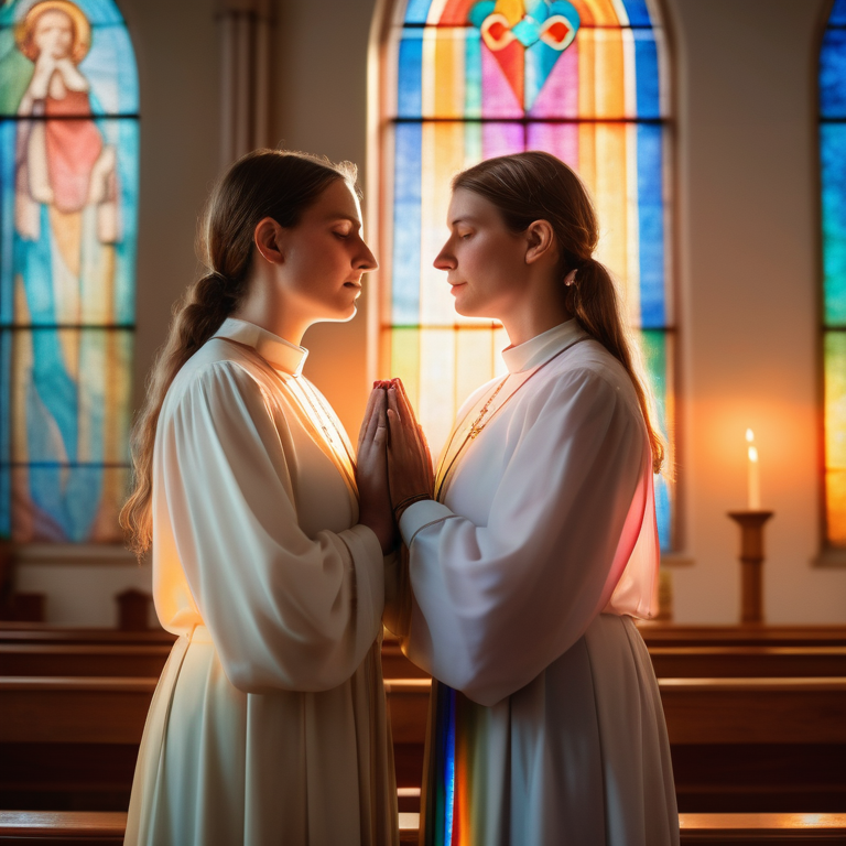 Two women holding hands in a church, with a rainbow light from stained glass on them.