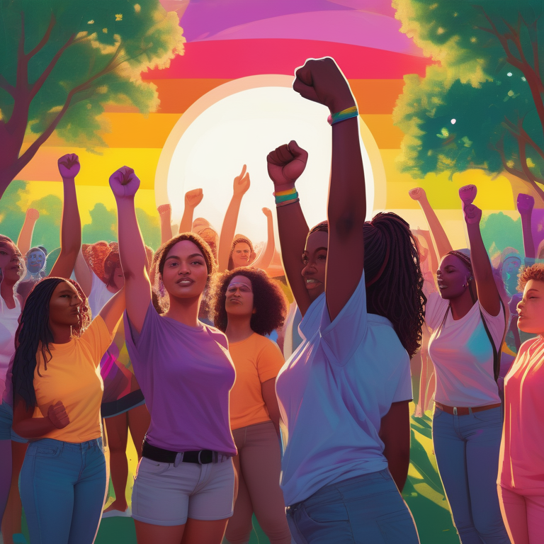 Diverse group of LGBTQ+ women around a digital screen in a park, showing unity and activism at sunset.