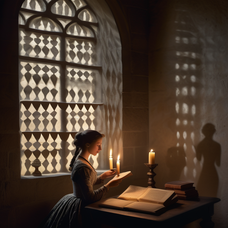 Silhouette of a pensive woman by a window with historical objects, in a dim, candlelit setting.