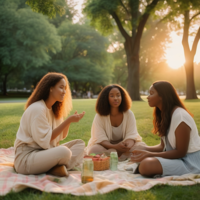 Three diverse women engaged in conversation on a picnic blanket at sunset in a peaceful park setting.