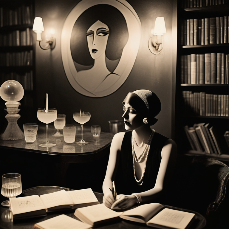 Silhouette of Djuna Barnes writing among symbols of femininity in a golden-lit 1920s speakeasy setting.