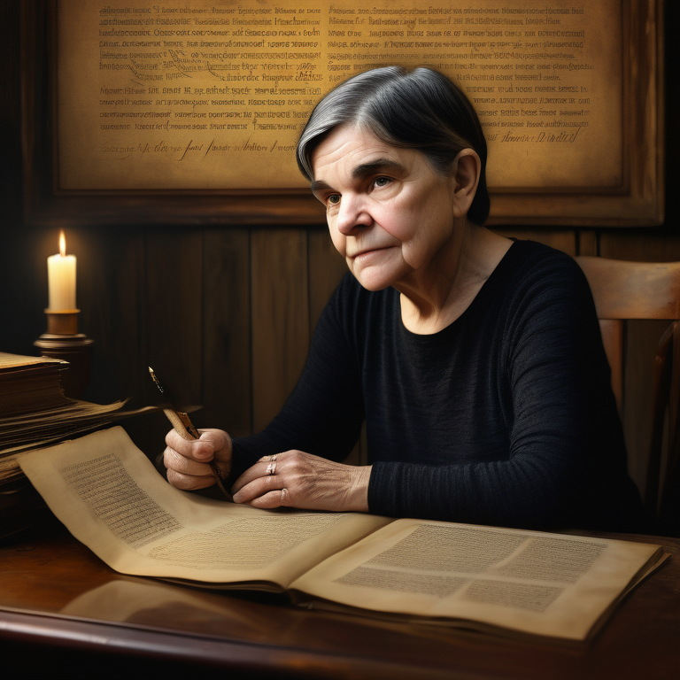 Adrienne Rich seated at a wooden desk, surrounded by her poems in a dimly lit room.