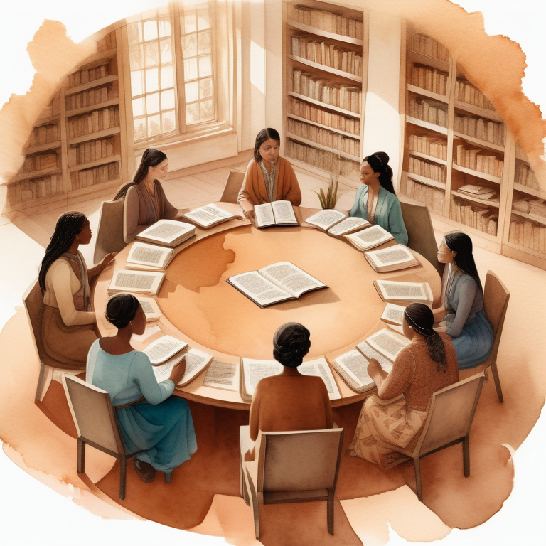 A group of diverse women in traditional clothing discussing cultural studies around a table with books and artifacts.