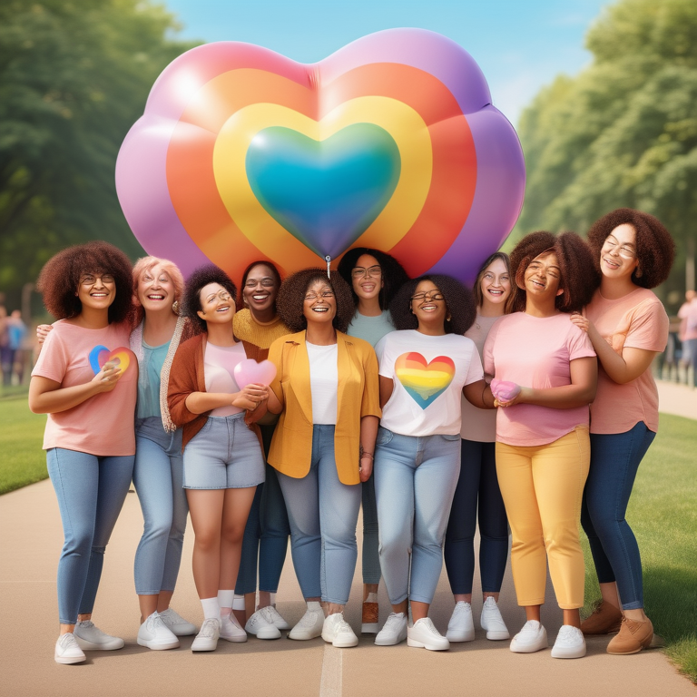 Illustrated group of smiling LGBTQ+ women united under a rainbow, holding heart-shaped balloons.