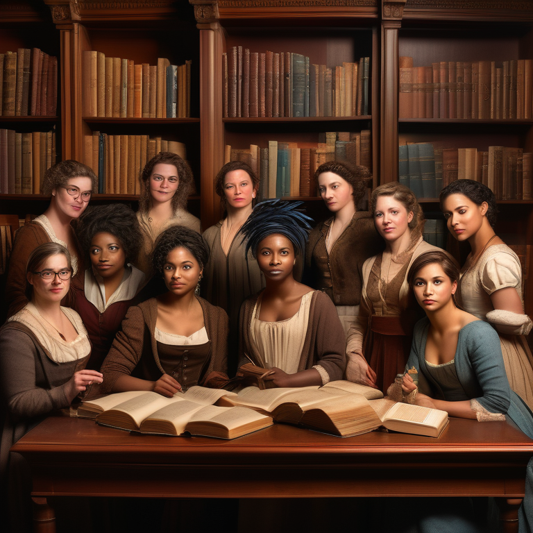 Nine female authors in historical attire surrounded by books, exuding scholarly inspiration.