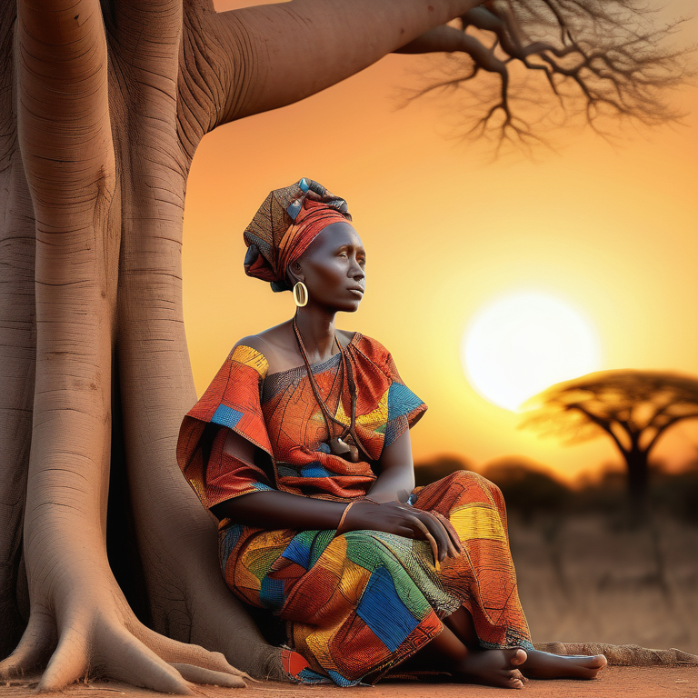 Confident East African woman in traditional attire under a baobab tree at sunset.