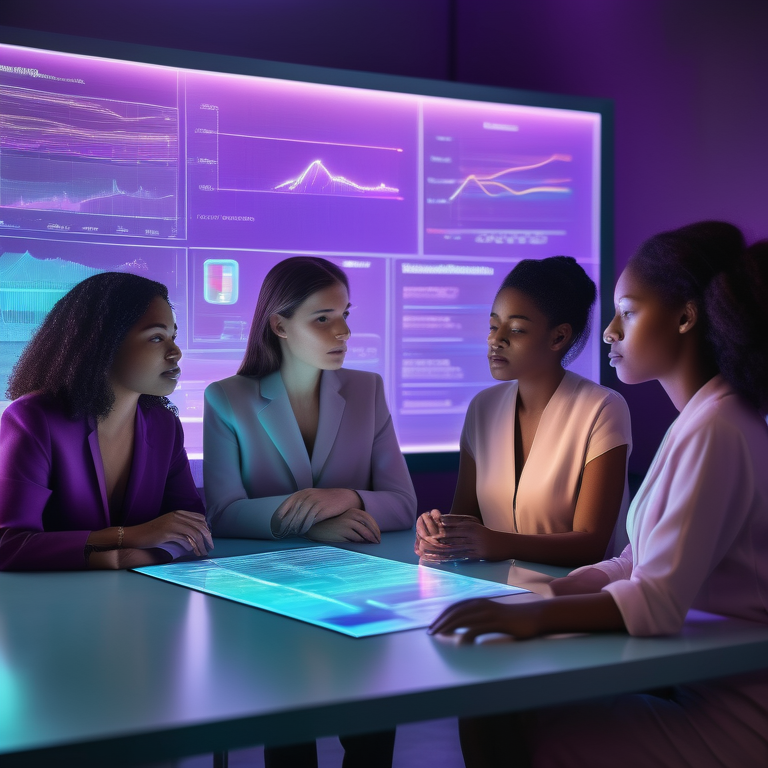 Diverse group of women engaged in studying a holographic display about women's sexuality research.