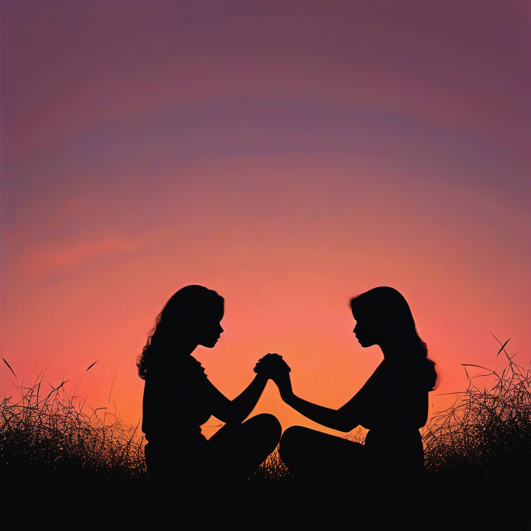 Silhouettes of two women holding hands in a field at sunset, evoking a mood of intimacy.