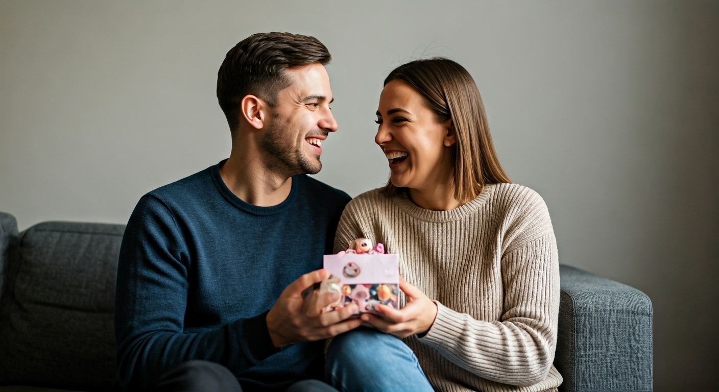 Young couple with toy box