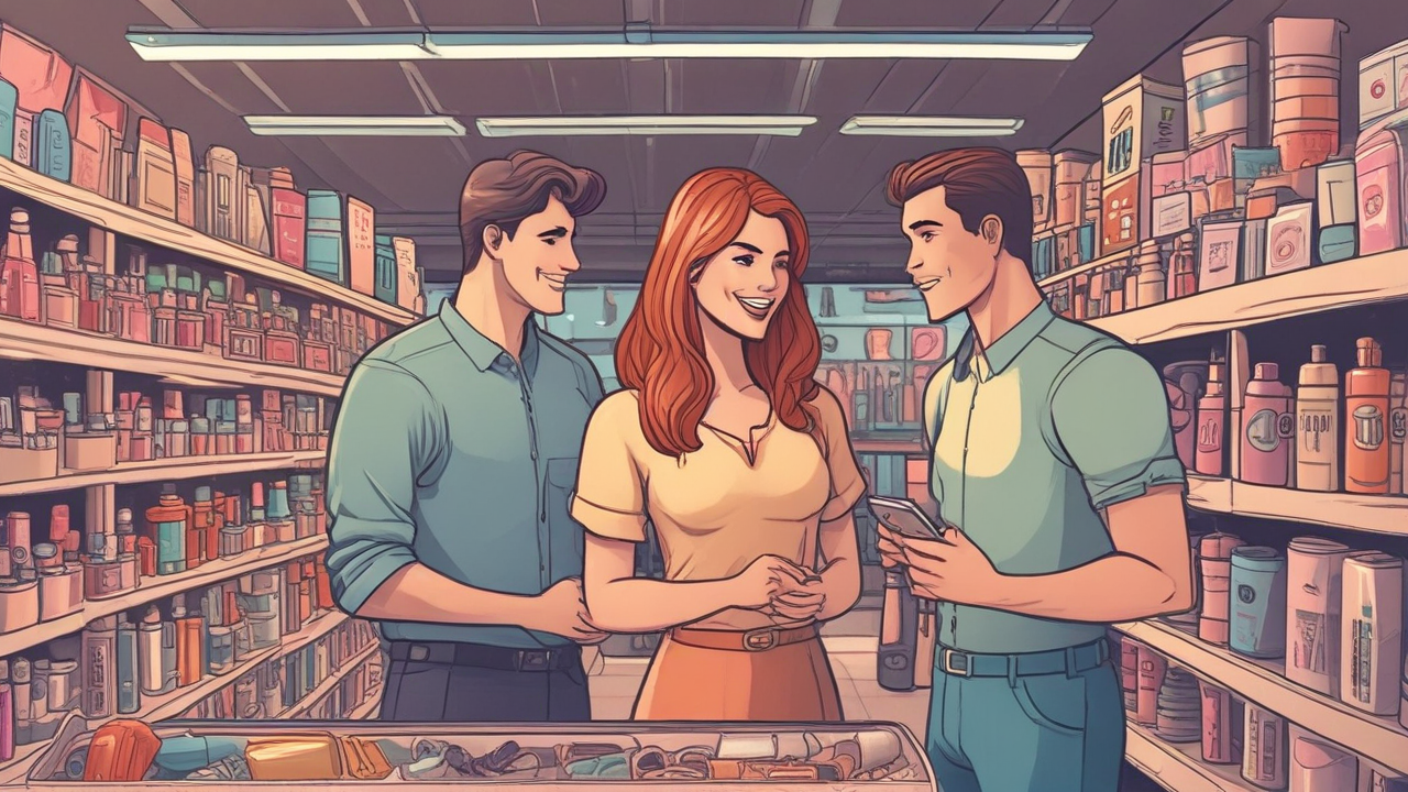 Couple choosing vibrators shop